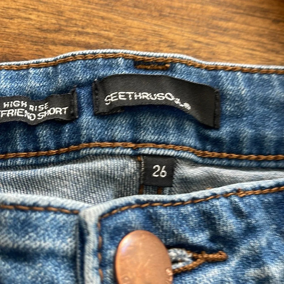 See Thru Soul 2 blue denim jean high rise boyfriend shorts sz 26 distressed raw - Picture 13 of 16